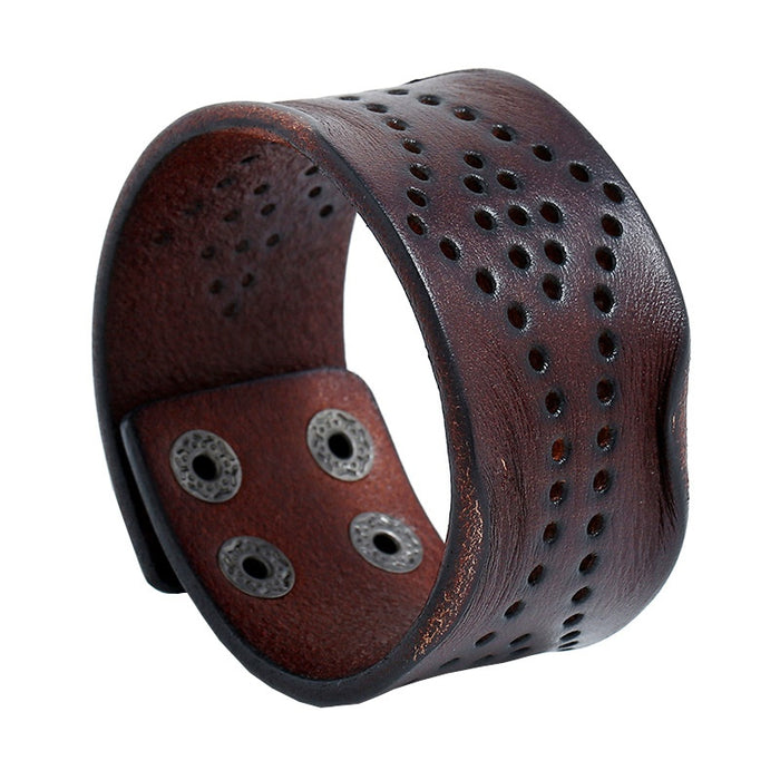 European Style Wide Hollow Out Vintage Cowhide Leather Bracelet, Simple Men's Fashion Accessory
