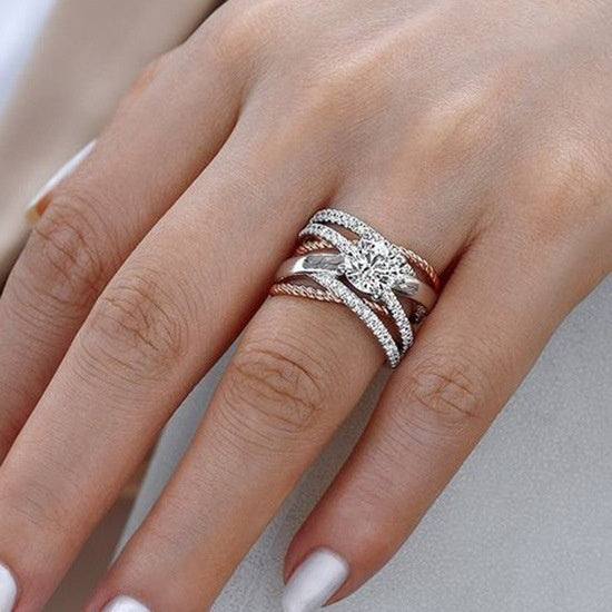 Creative Geometric Interwoven Line Two Tone Rose Gold Plated Women's Finger Ring