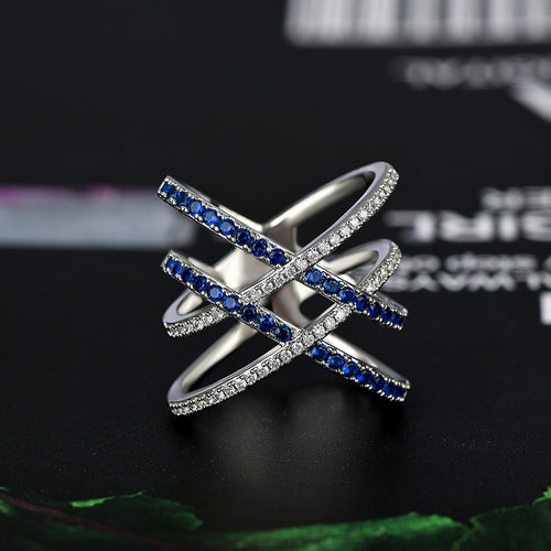 Creative Cross X Shape Ring Fully Paved With Blue Zircon Stones Fashion Women's Party Jewelry