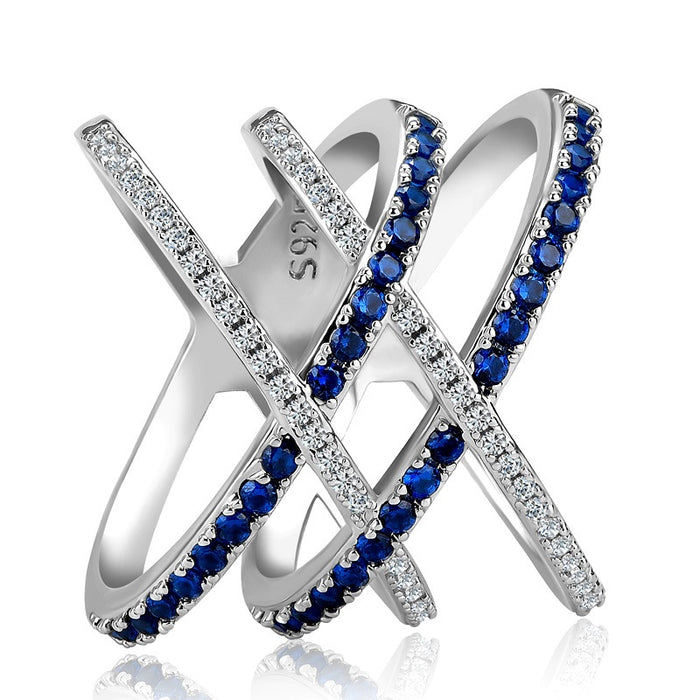 Creative Cross X Shape Ring Fully Paved With Blue Zircon Stones Fashion Women's Party Jewelry