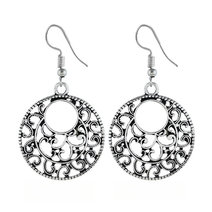 Vintage Ethnic Silver Alloy Hollow Filigree Round Drop Hook Bohemian Women's Statement Earrings