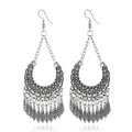 Vintage Ethnic Silver Alloy Crescent Hollow Carved Chain Tassel Bohemian Long Hook Drop Earrings view 1