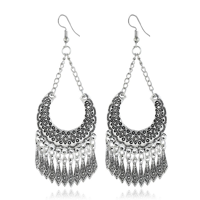 Vintage Ethnic Silver Alloy Crescent Hollow Carved Chain Tassel Bohemian Long Hook Drop Earrings