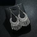Vintage Ethnic Silver Alloy Crescent Hollow Carved Chain Tassel Bohemian Long Hook Drop Earrings view 2