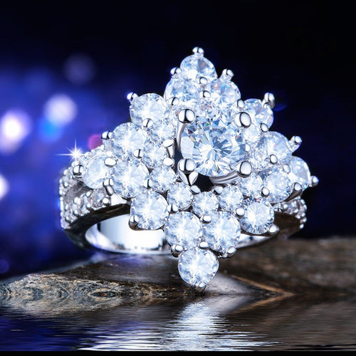 Luxury Floral Four Prong Cubic Zirconia Ring For Women, Sparkling Fashion Finger Jewelry