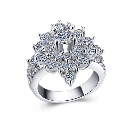 Luxury Floral Four Prong Cubic Zirconia Ring For Women, Sparkling Fashion Finger Jewelry