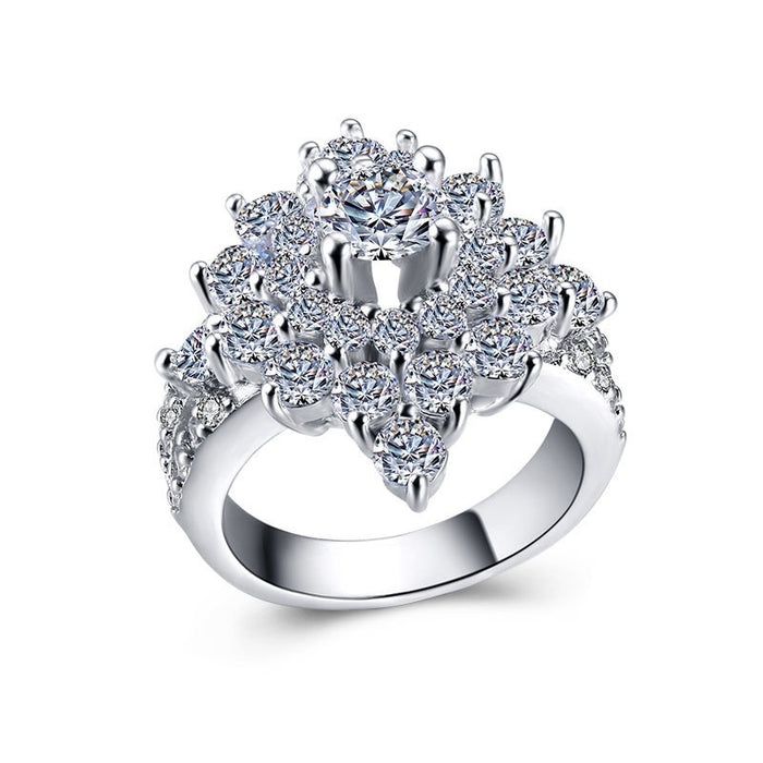 Luxury Floral Four Prong Cubic Zirconia Ring For Women, Sparkling Fashion Finger Jewelry