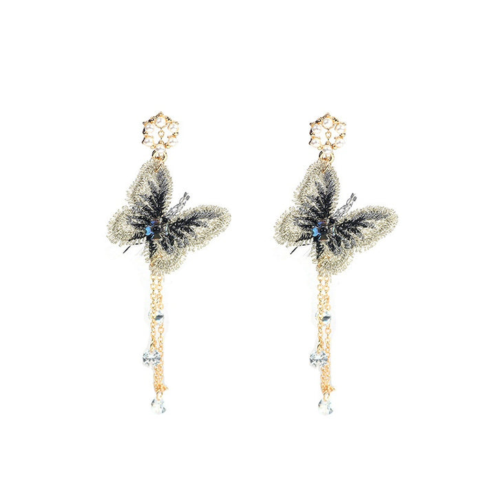 Elegant Embroidered Butterfly Long Tassel Studs With Pearl, Zircon And Crystal Chain Drop Earrings