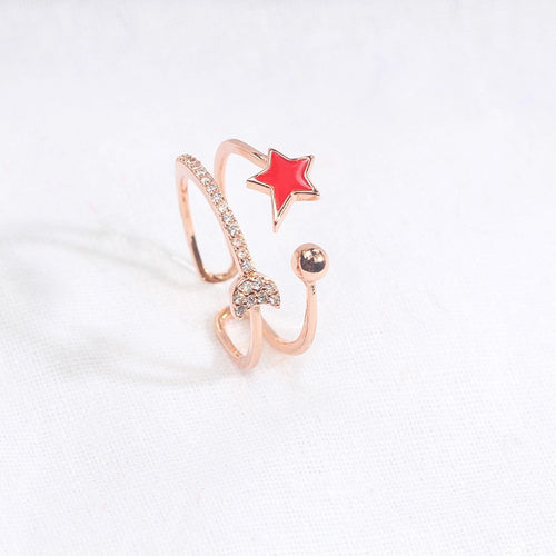 Korean Colorfast Cute Star Moon Ring Sweet Double Layer Micro Pave Zircon Adjustable Open Ring