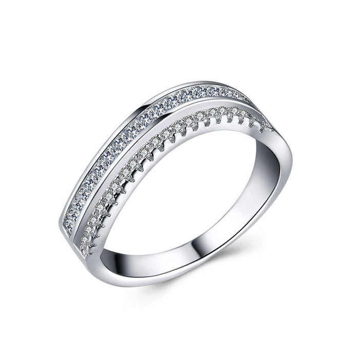 European Style Double Row Pave Zircon Ring For Women, Simple Diamond Accent Finger Jewelry