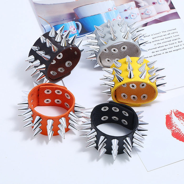 European American Punk Exaggerated Leather Bracelet With Three Row Spikes Faux Cowhide Bar Wristband