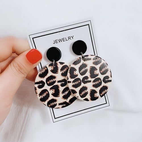 Fashion Leopard Print Geometric Round Acrylic Drop Stud Earrings For Women Statement Earrings