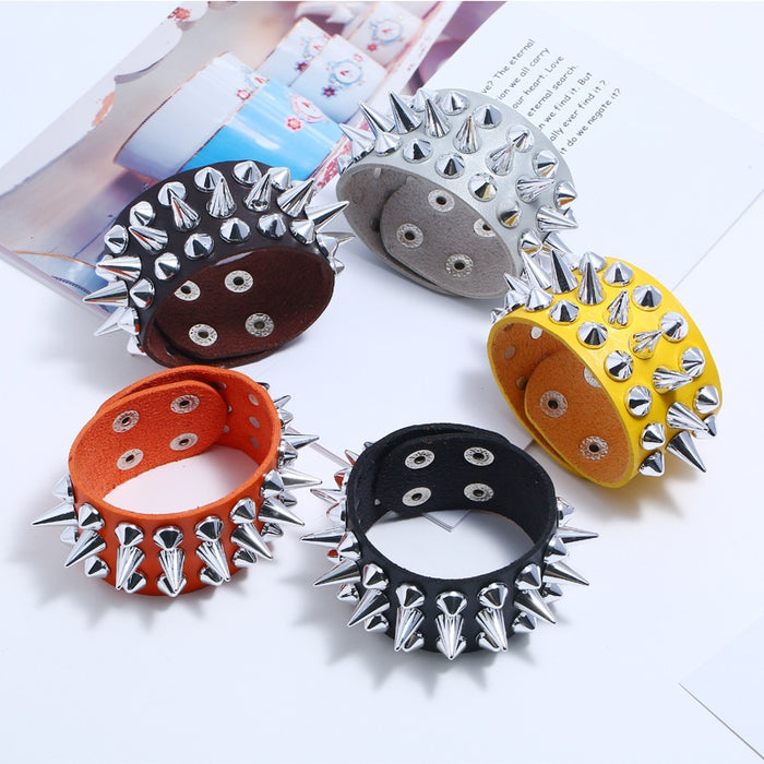 Punk 2019 Statement Men's Leather Bracelet Trendy Spiked Faux Cowhide Wristband Cross Border Supply