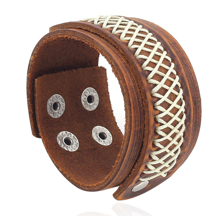 Simple Handmade Woven Wide Leather Men's Bracelet, Creative Multi Layer Cowhide Leather Wristband