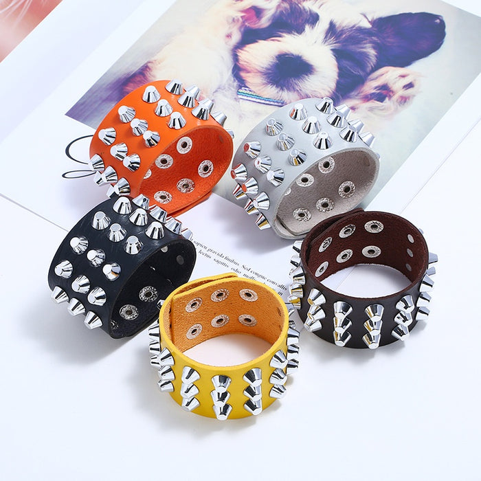 2019 New Punk Exaggerated Unisex Faux Cowhide Leather Bracelet With Spiked Studs
