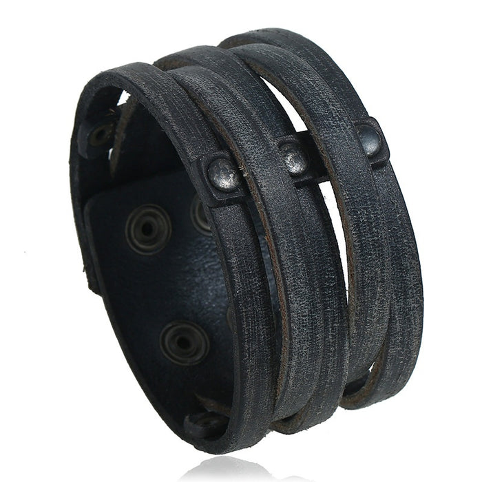 New Punk Vintage Distressed Men's Cowhide Leather Bracelet With Rivets And Wide Leather Cuff
