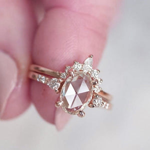 Oval Cubic Zirconia Engagement Ring Set Rose Gold Plated Micro Pave Women's Jewelry