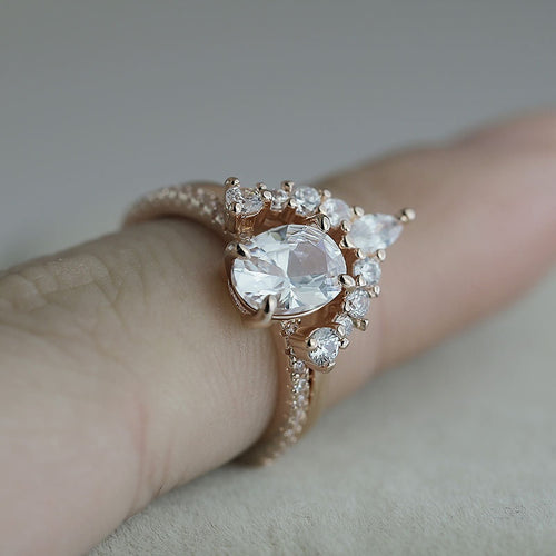 Oval Cubic Zirconia Engagement Ring Set Rose Gold Plated Micro Pave Women's Jewelry
