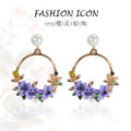 Purple Enamel Flower Hoop Dangle Pearl Rhinestone Alloy Elegant Summer Fashion Earrings view 1