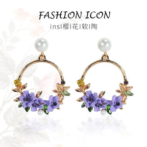 Purple Enamel Flower Hoop Dangle Pearl Rhinestone Alloy Elegant Summer Fashion Earrings