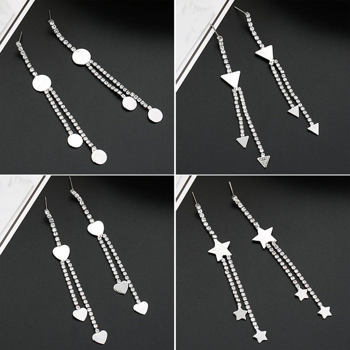 Korean Geometric Rhinestone Chain Long Tassel Drop Earrings For Women Elegant Sweet Dangle Earrings