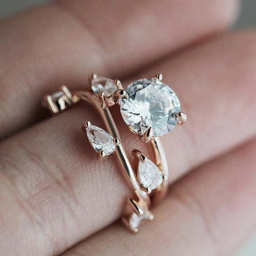 Creative Leaf Shape Ring Set With Sparkling Cubic Zirconia European Fashion Jewelry