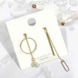 Korean Elegant Asymmetric Alloy Circle Hoop Chain Bar Paperclip Pearl Long Drop Dangle Earrings