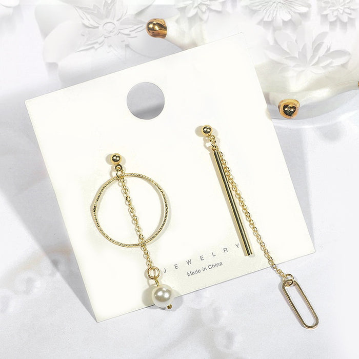 Korean Elegant Asymmetric Alloy Circle Hoop Chain Bar Paperclip Pearl Long Drop Dangle Earrings