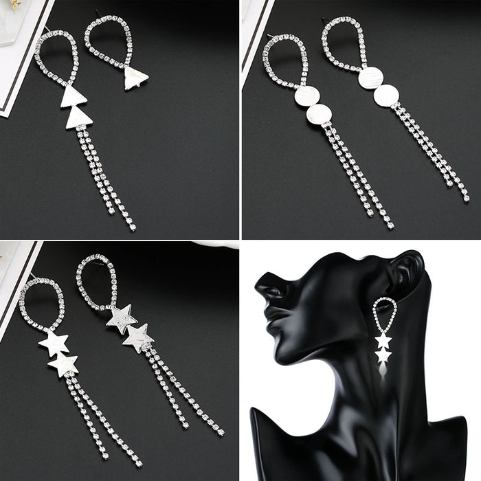 Luxury Rhinestone Geometric Star Triangle Long Tassel Drop Earrings For Women Korean Statement Earrings