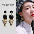 Vintage Punk Black Round Acrylic Disc Gold Alloy Long Fringe Tassel Statement Drop Earrings view 1