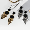 Vintage Punk Black Round Acrylic Disc Gold Alloy Long Fringe Tassel Statement Drop Earrings view 2