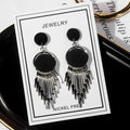 Vintage Punk Black Round Acrylic Disc Gold Alloy Long Fringe Tassel Statement Drop Earrings view 4