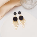 Vintage Punk Black Round Acrylic Disc Gold Alloy Long Fringe Tassel Statement Drop Earrings view 3
