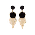 Vintage Punk Black Round Acrylic Disc Gold Alloy Long Fringe Tassel Statement Drop Earrings view 5