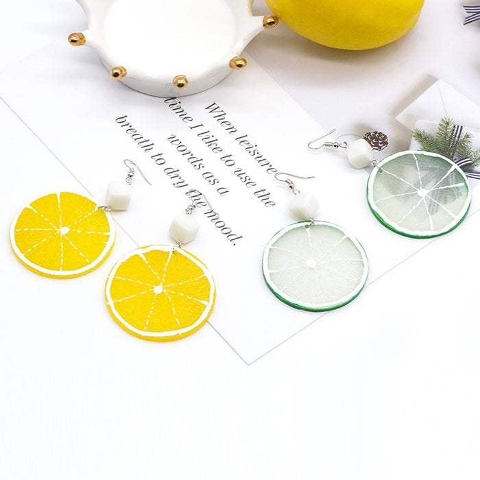 Sweet Acrylic Orange Lemon Slice Pendant Drop Earrings For Women With White Bead Fruit Charm Earrings