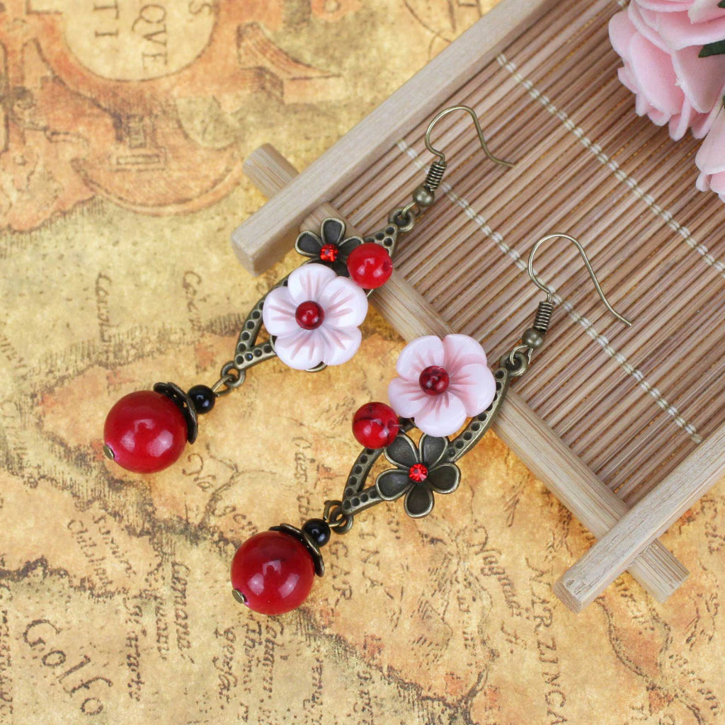 Handmade Vintage Long Dangle Earrings with Agate Pendant
