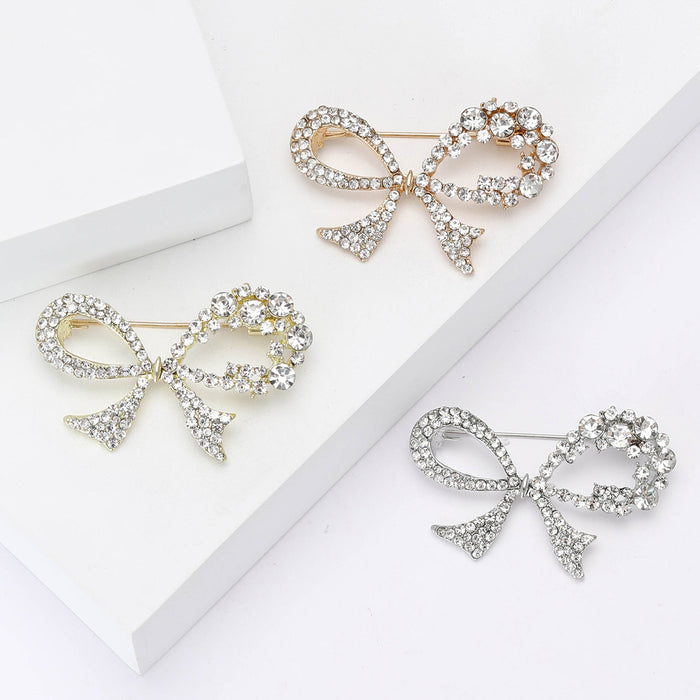 Alloy Rhinestone Bow Brooch Pin For Women Suit Coat Decor