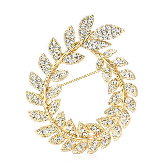 Plated Alloy Rhinestone Olive Branch Wreath Brooch Pin For Suits