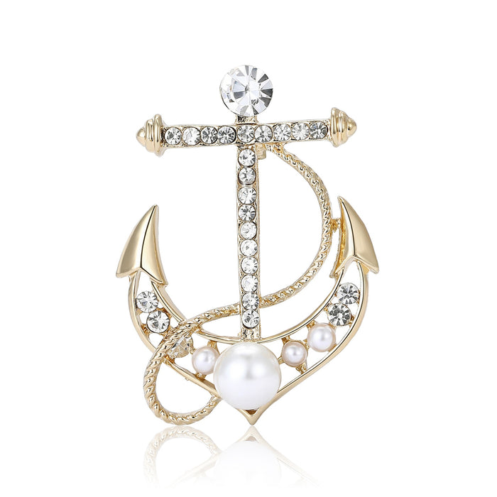 Alloy Rhinestone Pearl Anchor Brooch Pin For Suits And Cardigans
