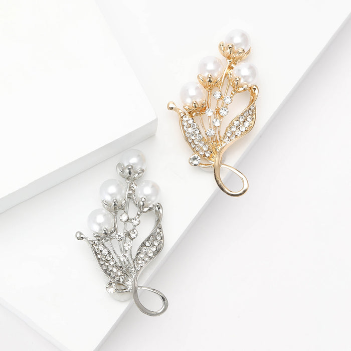 Alloy Rhinestone Pearl Leaf Brooch Pin For Elegant Women's Apparel