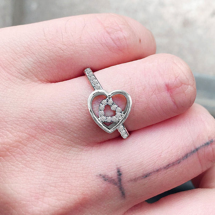 New Silver Color Ring, Simple Interlocking Heart Women's Ring With Micro Paved Zircon Jewelry