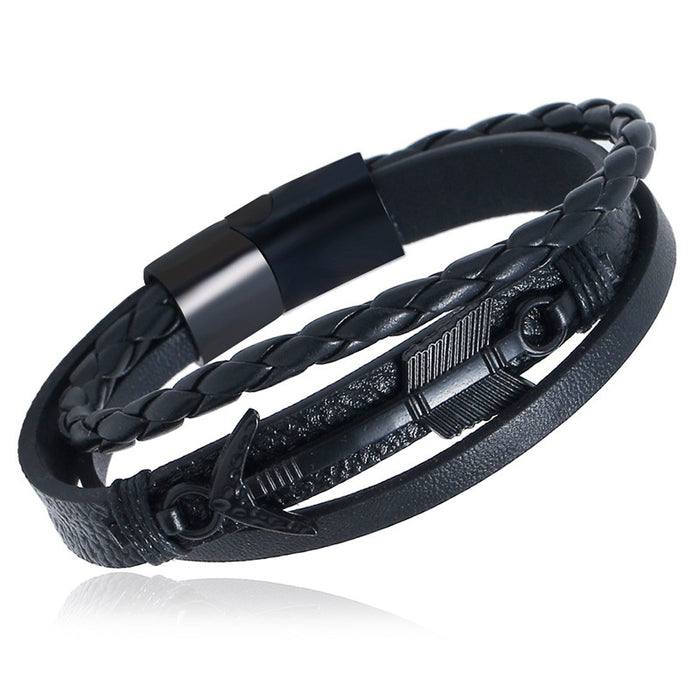 Punk Vintage Multi Layer Cowhide Leather Bracelet With Stainless Steel Braided Cuff For Men