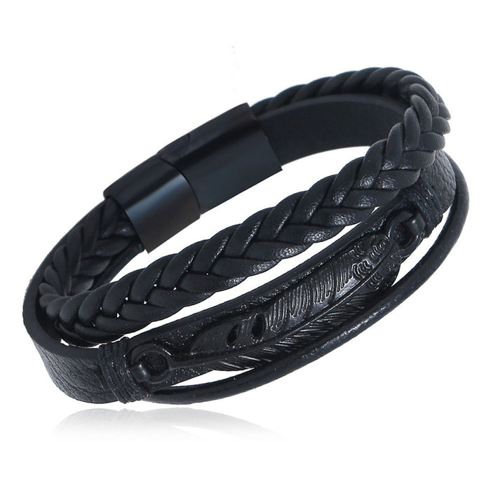 Creative Black Stainless Steel Double Layer Leather Bracelet For Men And Student Fashion Accessories