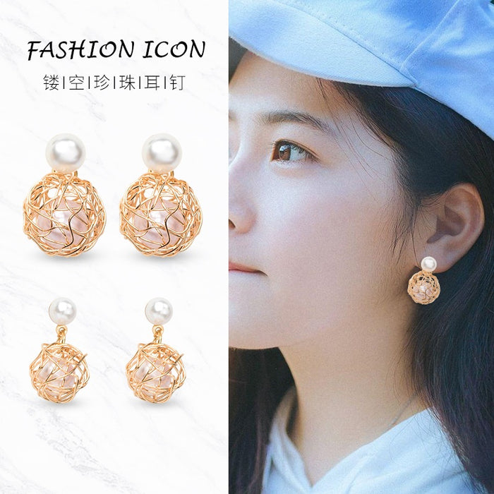 Elegant Hollow Bird Nest Alloy Wire Wrapped Faux Pearl Geometric Two-Way Stud Drop Earrings