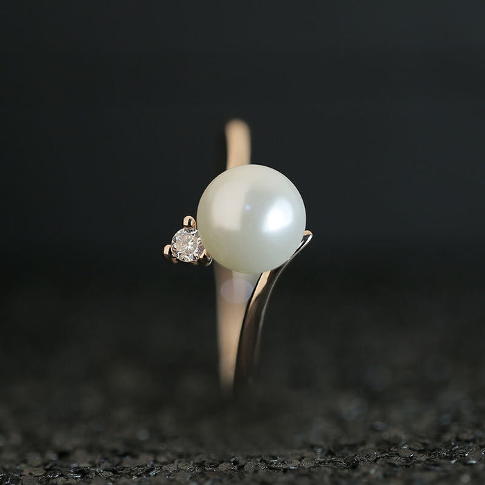 Rose Gold Plated Korean Simple Faux Pearl Ring For Women With Zircon Inlaid Finger Jewelry