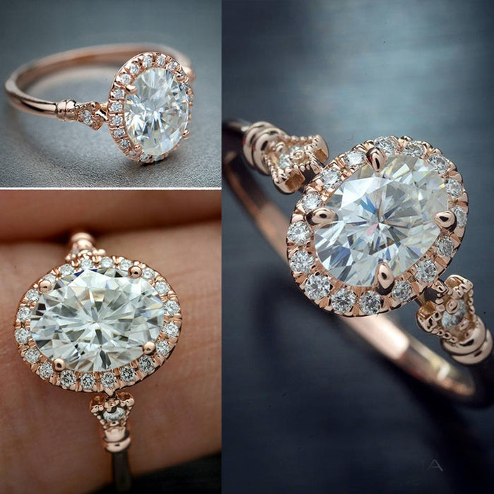 Fashion Rose Gold Oval White Zircon Ring, Micro Pave Zircon Finger Ring For Women