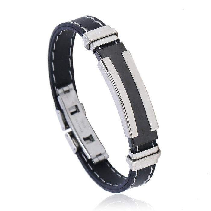 Punk Silicone Stainless Steel Mens Bracelet Black Plated Double Clip White Line Jewelry