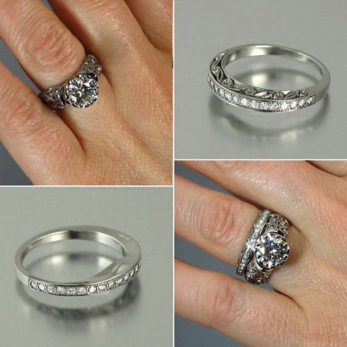 Vintage Silver Plated Baroque Carved Openwork Women's Couple Ring Set With Floral Pattern