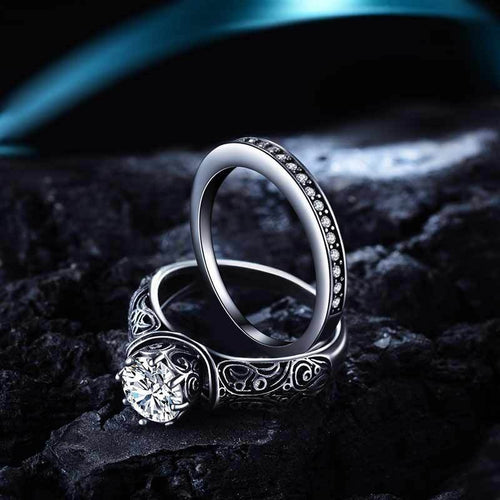 Vintage Silver Plated Baroque Carved Openwork Women's Couple Ring Set With Floral Pattern