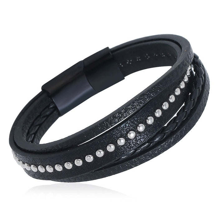 Creative Black Stainless Steel Double Layer PU Leather Bracelet For Men And Student Accessories